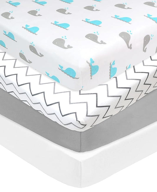 American Baby Company 4 Pack Fitted Crib Sheets 28" x 52", Soft Breathable Neutral 100% Cotton Jersey Sheet, Gray Zigzag/Aqua Whale/Gray/White, for Boys and Girls, Fits Crib and Toddler Bed mattresses