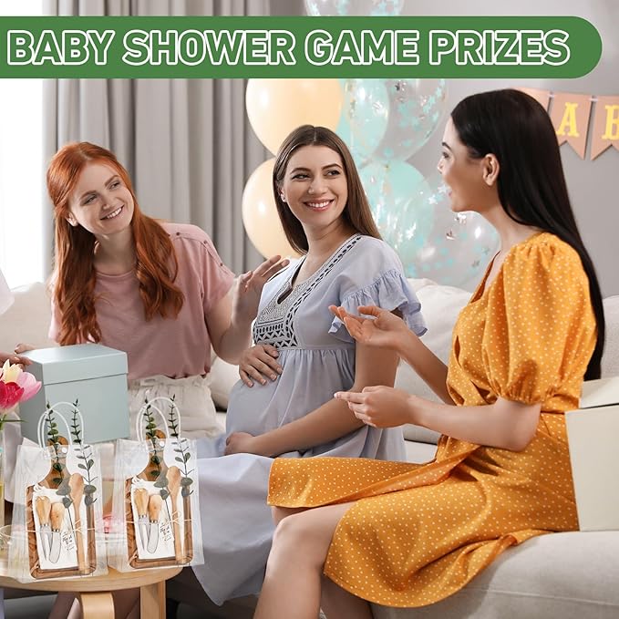 Baby Shower Prizes for Game Winners Bamboo Cheese Board Spoon Fork Butter Spreaders Plaid Towel Thank You Card and Gift Bags for Baby Shower Wedding Bridal Shower Favors (Acacia, 6 Sets)