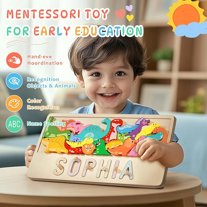 Name Puzzle for Kids Personalized, First Birthday for Baby Boy Girl, Wooden Name Puzzles for Toddlers 1-3, Educational Toys for 1 Year Old (Dinosaur)