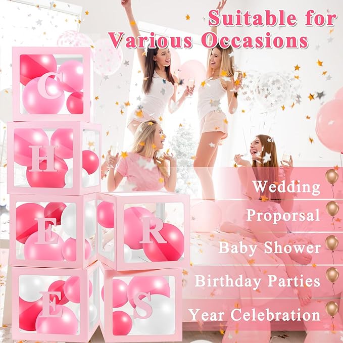 Ledido Transparent Balloon Boxes With 78 Letters, Pink Baby Boxes with Letters for Baby Shower Clear Letter Boxes for Party Wedding Birthday Baby Shower Decorations 6 PCS