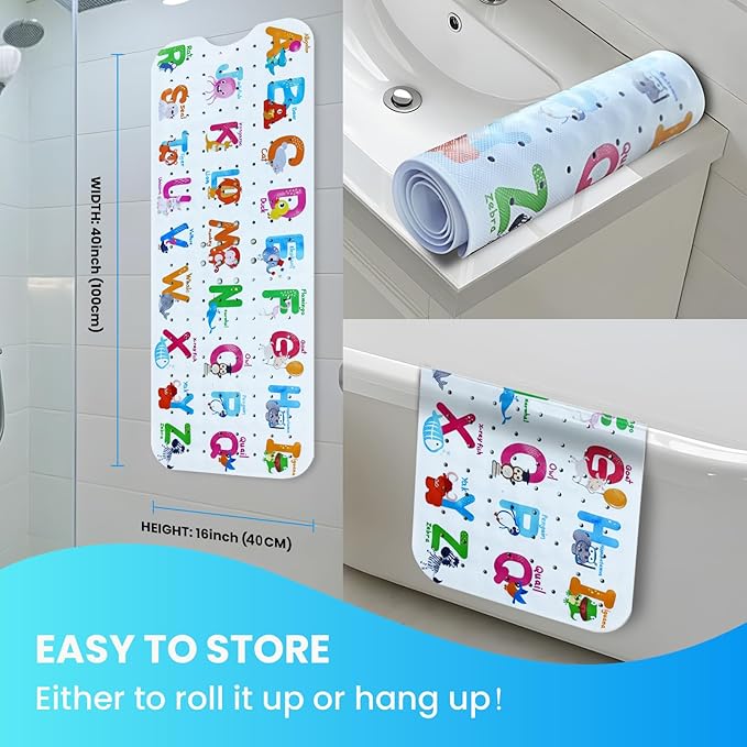 Linoows Baby Bath Tub Mat, Extra Large Non Slip Kids Cartoon Bathtub Shower Mats with Suction Cups & Drain Holes, Machine Washable for Bathroom, 40 x 16 Inch, Alphabet Animals Pattern