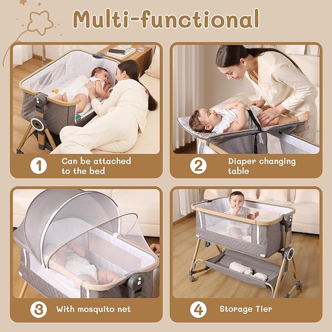 Baby Bassinet 5 in 1,Baby Bedside Bassinet with Diaper Table, Mosquito Net, Mattress, Storage Layer, Can Be Stored in One Button Travel Crib (Gray)