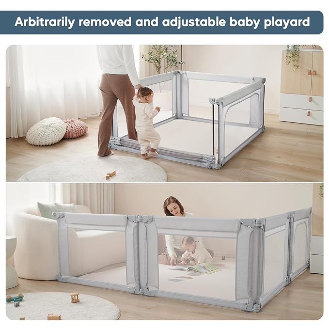 Baby Playpen 47x47 Inch Playpen,Adjustable Playard for Babies and Toddlers,Small Baby Play Pens,Indoor Outdoor Play Yard for Infants with Zipper Door＆360°Mesh Cloth,Grey