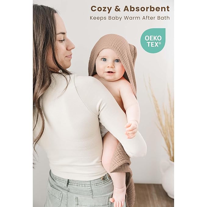 Konssy 2-Pack Muslin Hooded Baby Towels, 100% Cotton, Ultra-Soft & Absorbent Baby Bath Towels with Hood for Newborn & Infant (Cream, Camel,30" x 30")