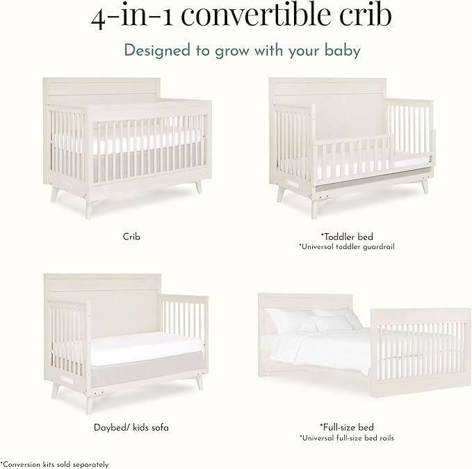 évolur Loft Antilia 4-in-1 Convertible Full-Size Baby Crib in Vanilla Bean, GreenGuard Gold & JPMA, Converts to Toddler, Day & Full-Size Bed, 3 Mattress Heights Modern Scandinavian Design