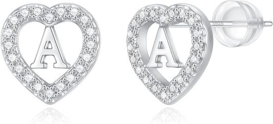 Initial Heart Earrings for Girls, Sterling Silver Post Silver/Rose Gold Heart Initial Stud Earrings for Little Girls Kids Baby Earrings Non Tarnish Hypoallergenic Earrings for Teen Girls Gifts Jewelry