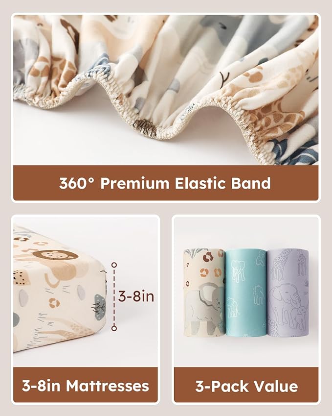 Baby Crib Sheets for Boys Girls, Fitted Crib Sheet Neutral 3 Pack for Standard Crib and Toddler Mattress, Breathable Soft Microfiber Baby Sheet 28x52x8in Elephant