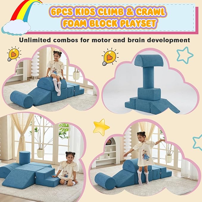 jela Kids Foam Climbing Blocks 6Pcs Soft Play, Toddler Climbing Toys Indoor Soft Play ClimbingSet, Lightweight Climbing Blocks for Babies, Crawling Foam Playset for Toddlers (Miss Fabric Teal)