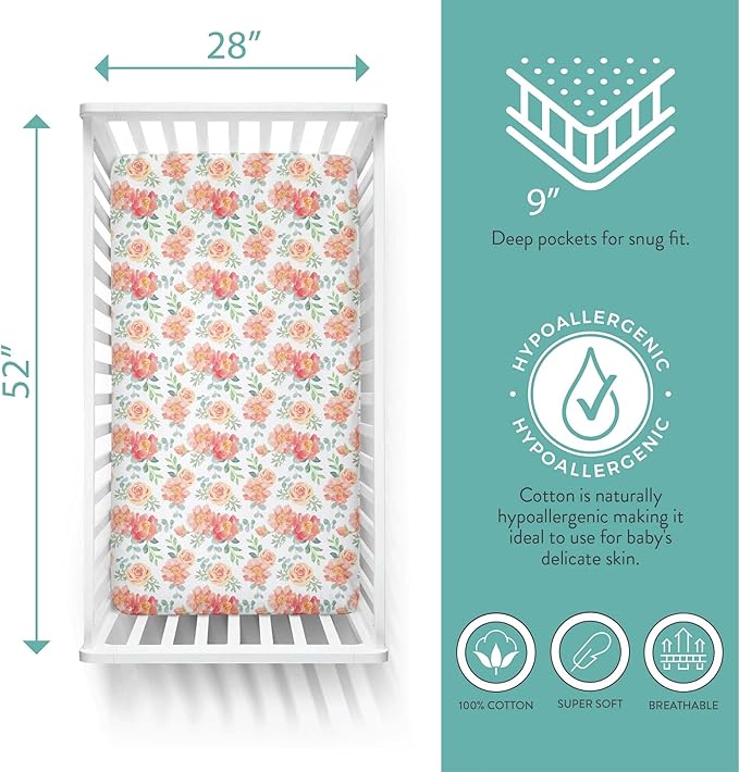 Featherhead™ 2-Pack Fitted Crib Sheets - 100% Cotton - 52" x 28" x 9" for Standard Crib and Toddler Mattress (Percale Garden Floral)