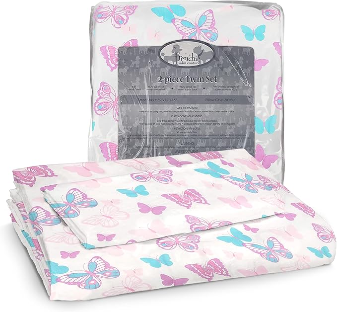 2-Piece Kids Twin Sheets Set, 100% Woven Cotton, Deep Pocket Bed Sheet 39 x 75 x 15in + Pillowcase 20 x 30, Butterfly (White)