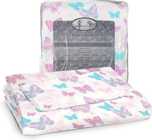 2-Piece Kids Twin Sheets Set, 100% Woven Cotton, Deep Pocket Bed Sheet 39 x 75 x 15in + Pillowcase 20 x 30, Butterfly (White)