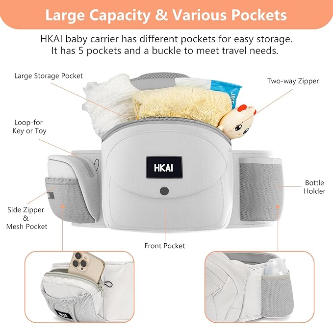 HKAI Baby Hip Carrier, Mom’s Choice Award Winner, Baby Carrier with Adjustable Waistband & Breathable Mesh, Ergonomic Carrier with Non-Slip Hip Seat Surface for Newborns & Toddlers, Light Grey