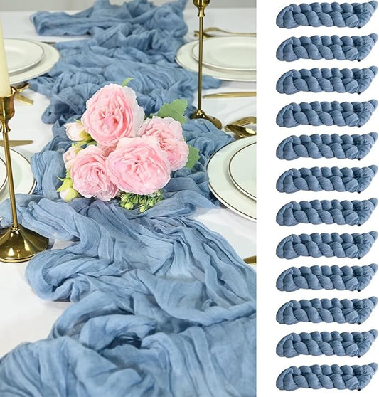 12 Pack Dusty Blue Cheesecloth Table Runners 35x120 Inch, Wide Pleated Boho Gauze Runner for Wedding Baby Shower Birthday Party, Semi-Sheer Rustic Table Decor