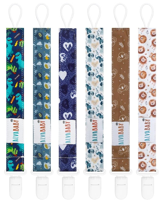 ALVABABY Baby Pacifier Clip Holder Leashes Baby 6 Pack Paci Clips Binky for Boys Girls Dinosaur Koala 6DP02A