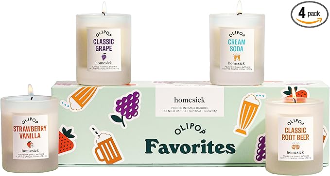 Homesick – Olipop Candle Variety 4-Pack – 1.85 oz Each Premium Scented Candles with Organic Cotton Wick, Natural Soy Wax Candle in Reusable Glass Jars, Wedding & Engagement Gifts for Couples