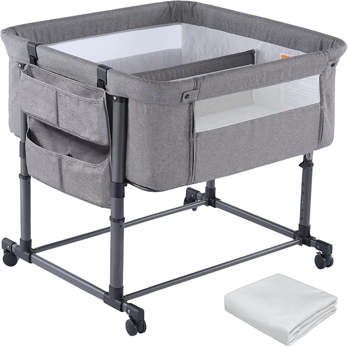 MTWML Twin Bassinet for 2 Babies,Portable Twins Crib with Storage Bag and Replaceable Mattress Cover,Adjustable Height Double Bedside Crib Attaches to Bed with Strap for 0-6 Months (Deep Grey)