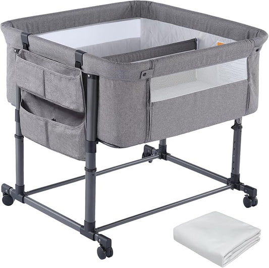 MTWML Twin Bassinet for 2 Babies,Portable Twins Crib with Storage Bag and Replaceable Mattress Cover,Adjustable Height Double Bedside Crib Attaches to Bed with Strap for 0-6 Months (Deep Grey)