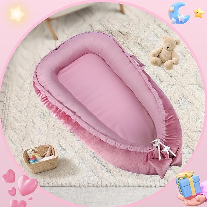 Baby Lounger - Baby Lounger for Newborn 0-24 Months, Breathable & Soft Cotton and Velvet Cover Baby Nest, Portable Cozy Infant Lounger for Home and Travel, Ideal Baby Essentials & Shower Gifts