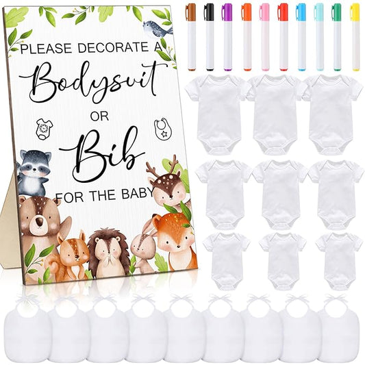 Roowest 35 Pcs Baby Shower Bibs Games Design Wooden Baby Shower Party Game Sign DIY Bodysuit Sign 15 White Blank Feeder Bibs 9 Newborn Bodysuit 10 Markers for Boys Girls (Animal)