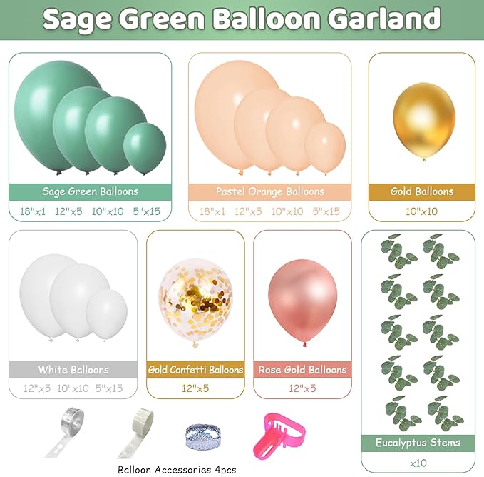166Pcs Sage Olive Green Blush Peach Balloon Garland Arch Kit Orange White Green Gold Balloons Eucalyptus for Tropical Wedding Jungle Safari Greenery Baby Shower Birthday Party Decorations