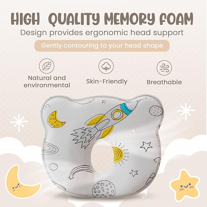 Soft and Breathable Baby Pillow with Memory Foam and Bear Design (White Cosmic)
