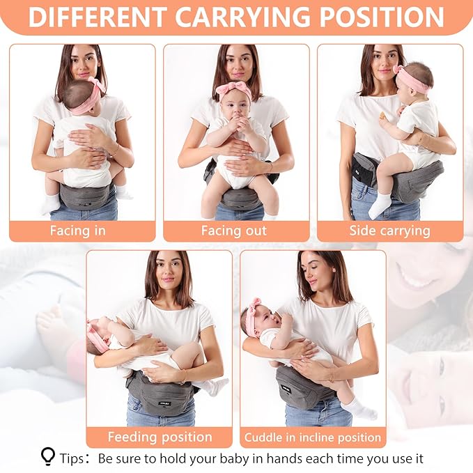 HKAI Baby Hip Carrier, Mom’s Choice Award Winner, Baby Carrier with Adjustable Waistband & Breathable Mesh, Ergonomic Carrier with Non-Slip Hip Seat Surface for Newborns & Toddlers, (Grey)