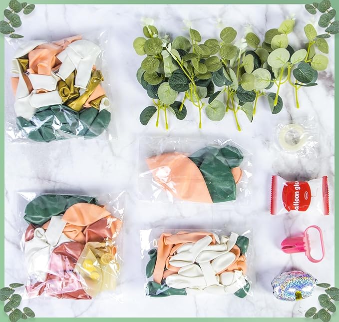 166Pcs Sage Olive Green Blush Peach Balloon Garland Arch Kit Orange White Green Gold Balloons Eucalyptus for Tropical Wedding Jungle Safari Greenery Baby Shower Birthday Party Decorations