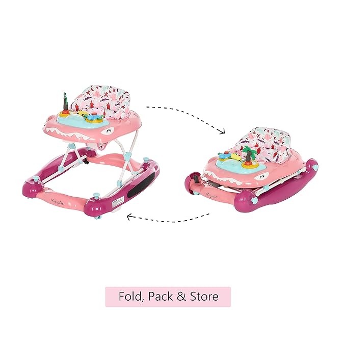 Dream On Me Baby Steps Baby Walker in Pink, Adjustable Three Position Height Setting, Removable Tray, Easy to Fold and Store Baby Walker