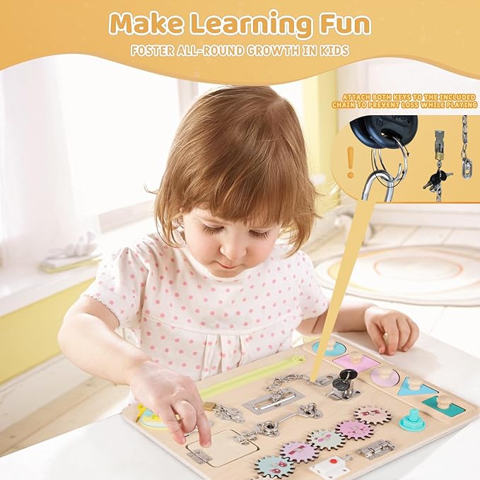 Toddler Wooden Busy Board, Montessori Activity Pad for Kids, Sensory Fidget Board for Children, Preschool Educational Activities Pad Toy.