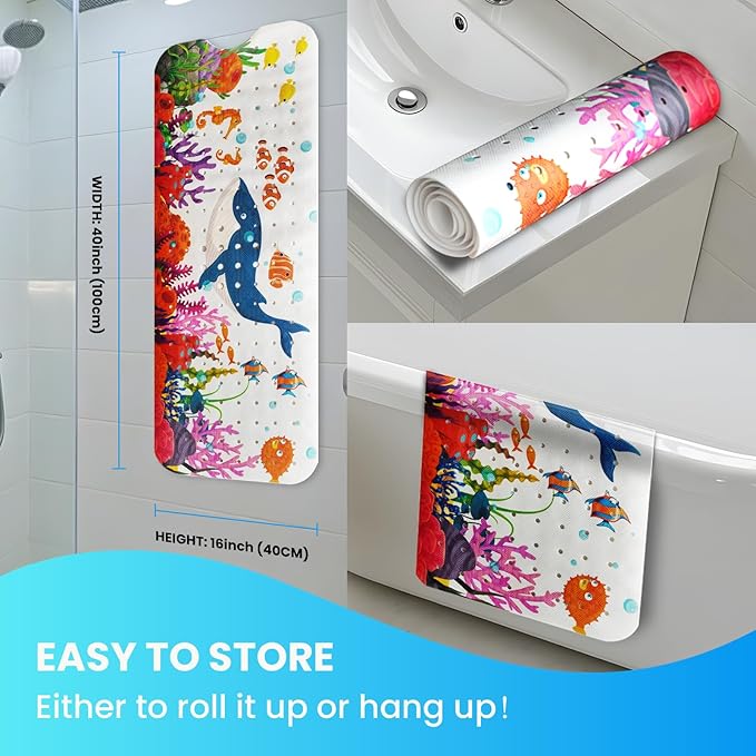 Linoows Baby Bath Tub Mat, 40 x 16 Inch Extra Large Non Slip Kids Cartoon Bathtub Shower Mats with Suction Cups & Drain Holes, Machine Washable for Bathroom, Undersea Blue Whale