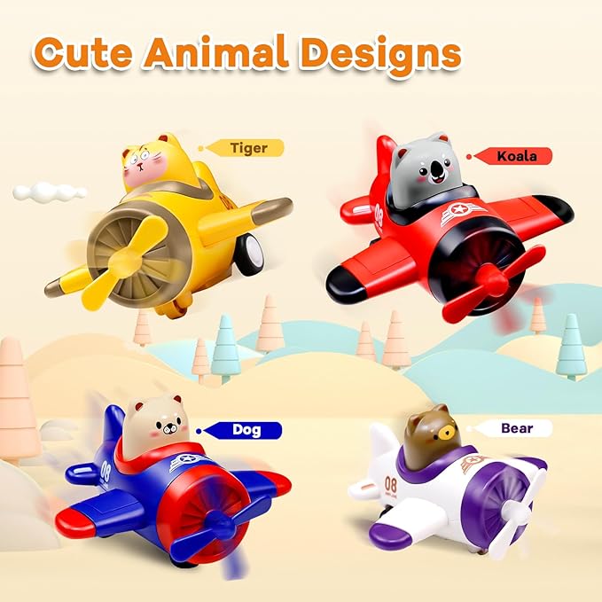 Press and Go Airplane Toys for Toddlers 1-3, Baby Animal Racing Cars Toys for 1 2 3 Years Old Boys Girls, Push Airplane Toys for 12-18 Months, 1st Christmas Birthday Gifts for 1-2 Years Old Boys
