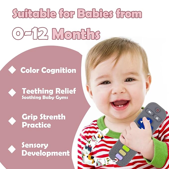 2 Pack Remote Teether for Toddlers, Silicone Teething Toys for 6-12 Months, Remote Control Shape Baby Teethers - Chew Toys Gift (Gray+Pink)