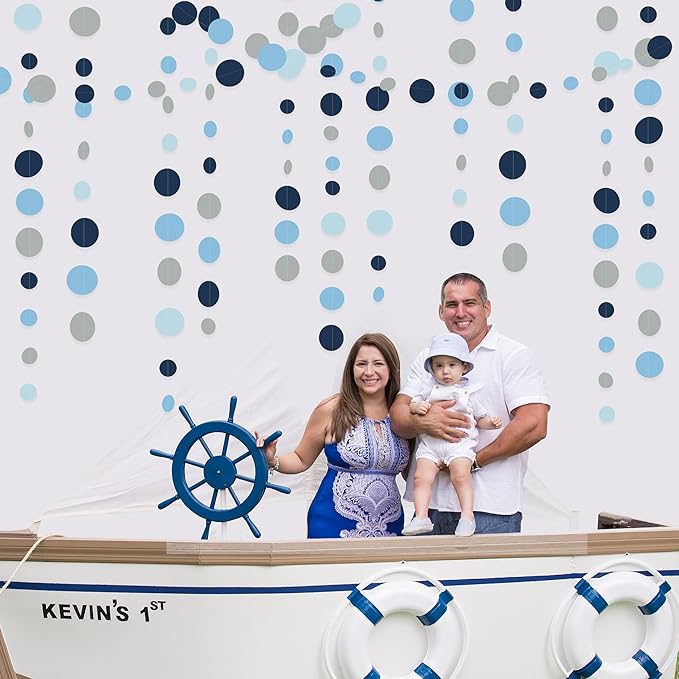 Dusty Blue Party Decorations Navy Blue Circle Dots Garland Gray Blue Hanging Paper Polka Dot Streamer for Wedding Baby Shower Engagement Bridal Shower Birthday Graduation Nautical Theme Party Supplies