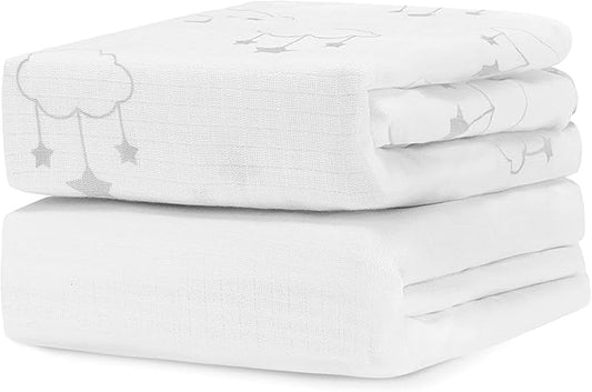Newton Baby Organic Fitted Crib Sheet (2-Pack) - Ultra Breathable and Soft, 100% Organic Muslin Cotton, Wishing on a Star Print + Solid White, Fits All Standard Cribs