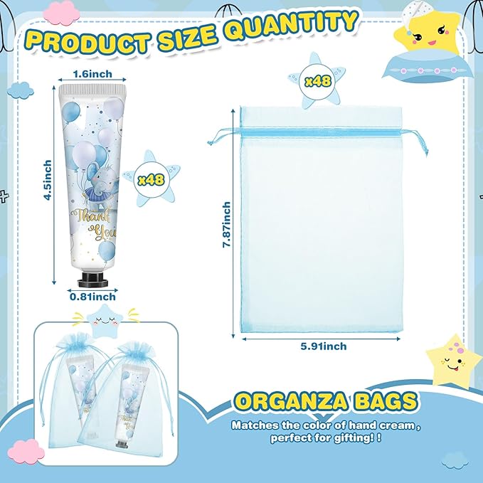 48 Sets Baby Shower Hand Cream Bulk Blue Elephant Baby Shower Favors Bridal Thank You Hand Cream for Guests Travel Size Lotion with Organza Bags