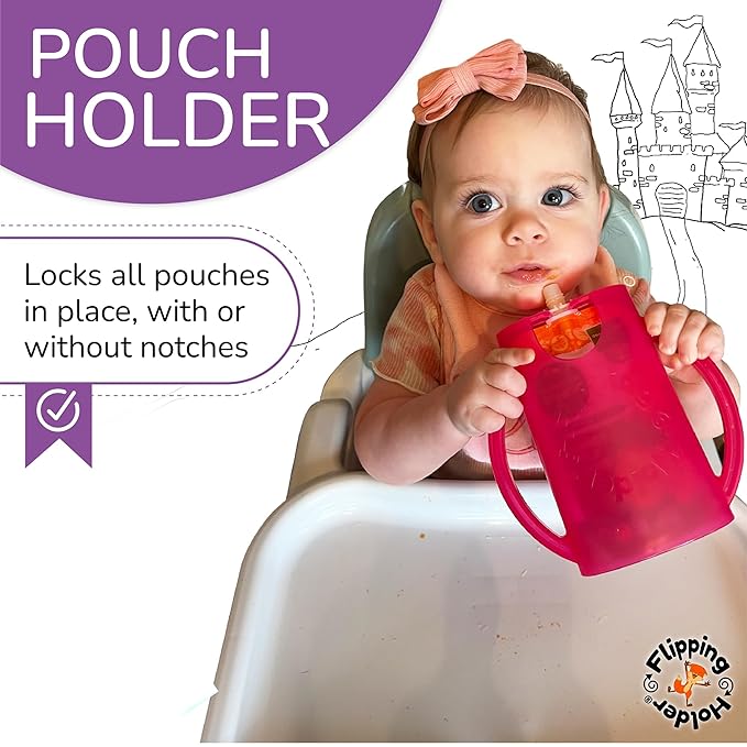 Squeeze Proof Pouch Holder (2-Pack with lids) for Food Pouches & Juice Boxes - Multipurpose - Prevent Messes & Support Self-Feeding - Easy Grasping Handles - Made in USA