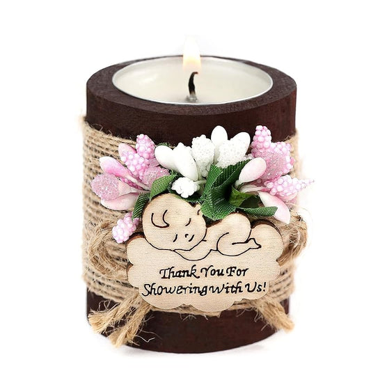 10 Handmade Wooden Tealight Candle Holders, Baptism Gifts, Baby Shower Party Favors for Guests, Gender Reveal Party Gifts, with Personalized Tags, Baby Girl gender reveal. (dark brown-pink)