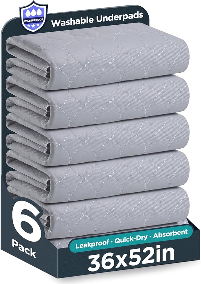 Washable Bed Pads 36" x 52" - 6 Pack, Grey, Waterproof Bed Pads for Incontinence, Bed Wetting Pads for Bed, Sofa, Floor, Resuable Underpads for Adults, Seniors, Pet