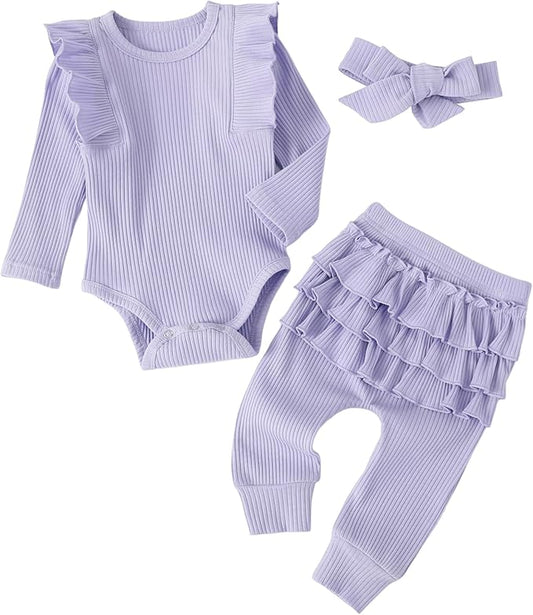 Fullfamous Baby Girl's 3pc Rib Frill Long Sleeve Romper and Pant Set