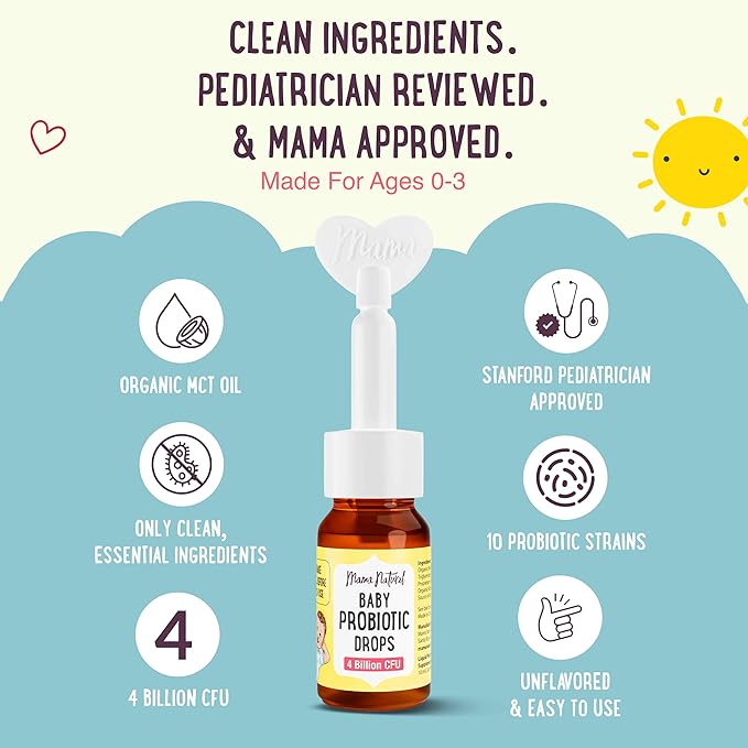 Mama Natural Baby Probiotic Drops | Pediatrician-Approved Infant Probiotic Colic Drops – Infant Gas, Constipation, Fussiness & Immune Support Supplement – 10 Strains & 4 Billion CFU with MCT Oil