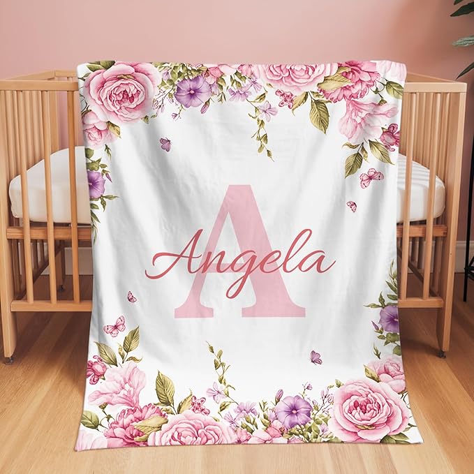 Ships from The US, Personalized Baby Blanket with Girl, Custom Baby Blanket for Kids Soft Flanne Blankets in Easter Personalized Baby Gifts for Infant Newborn Shower (Rose Pink)