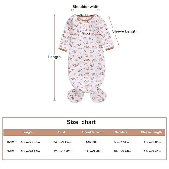 Miracle Baby Newborn Knotted Nightgown Long Sleeve with Matching Hat Set 3 Pack, Unisex Baby Sleeper Gowns Coming Home Outfits Set with Mitten Cuffs for Boys Girls 3-6 Months