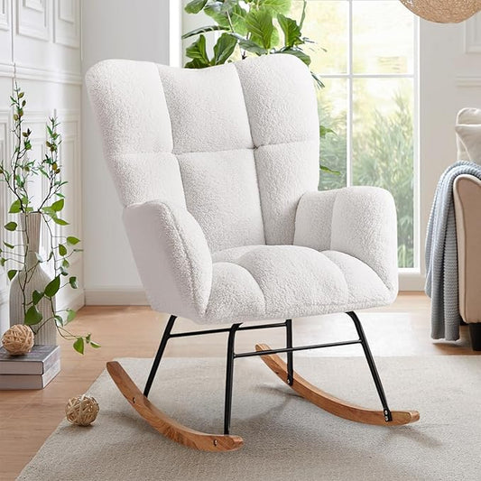 Kiztir Rocking Chair Nursery, High Backrest Teddy Glider Rocker Upholstered Rocker Recliner Modern Rocking Accent Chairs for Bedroom, Living Room, Offices (Ivory)