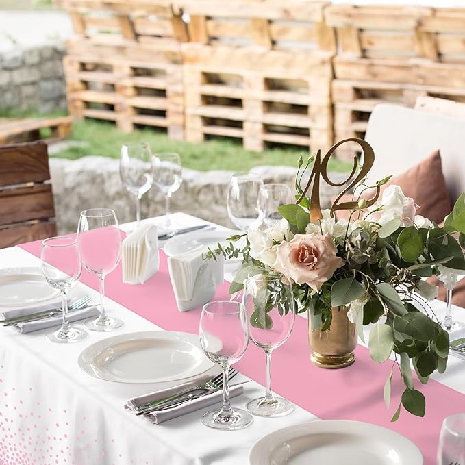 8Pack Disposable Plastic Tablecloths and Satin Table Runner Set White Pink Dot Table Cloth Gold Satin Table Runner for Graduation Wedding Birthday Baby Shower Anniversary Holiday Party Decorations