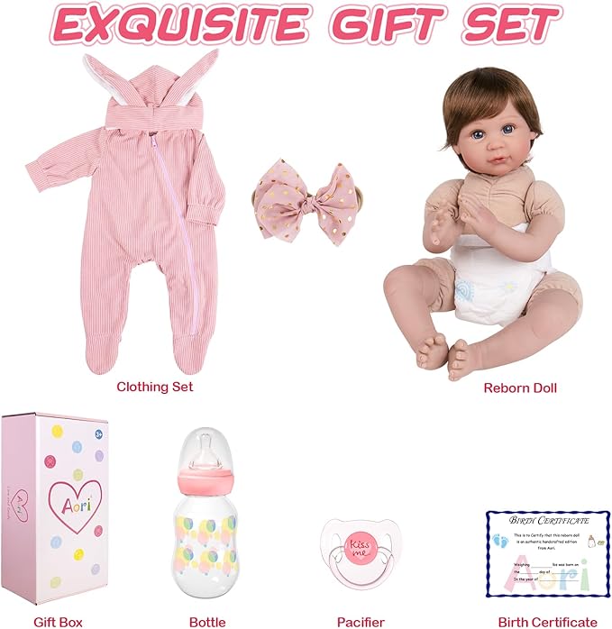 Aori Reborn Baby Doll Realistic Girl - Lifelike 22-Inch Newborn Dolls with Poseable Limbs and Feeding Kit, Great Gift Set for Kids 3+