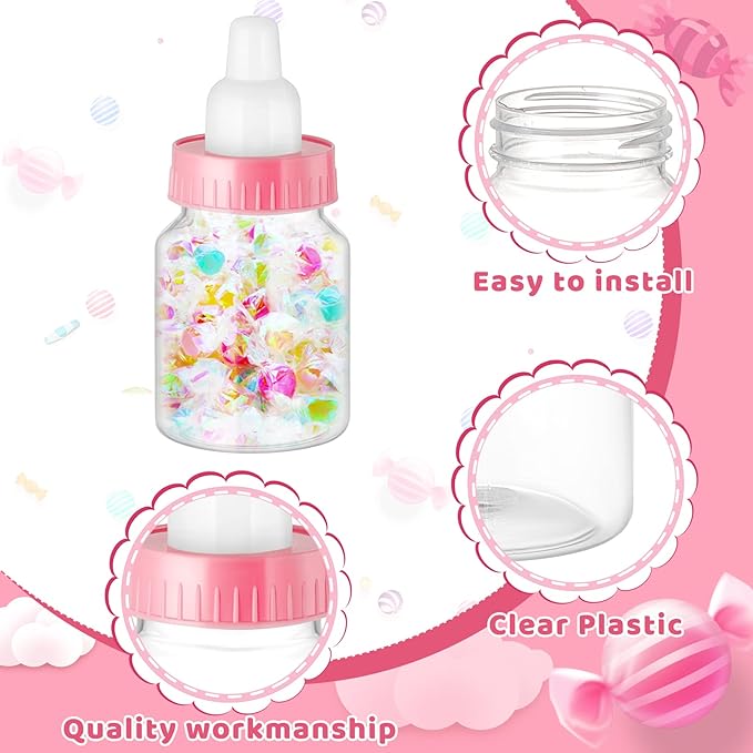 36 Pcs 3.5 Inch Baby Bottle Shower Favor Mini Plastic Candy Bottle Clear Bottles for Baby Shower Mini Feeding Candy Box for Party Favor Gift Decor(Pink)