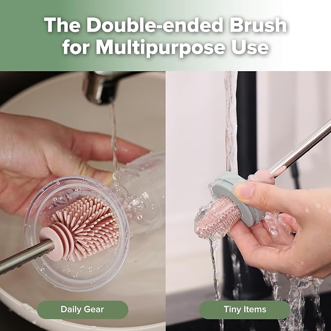 haakaa Cleaning Brush Silicone Bottle Brush Double-Ended Soft Silicone Bristles for Breast Pumps, Breast Milk Collectors, Baby Bottles, Teats, Breastmilk Storage Bags, Detachable - Pink -1pk