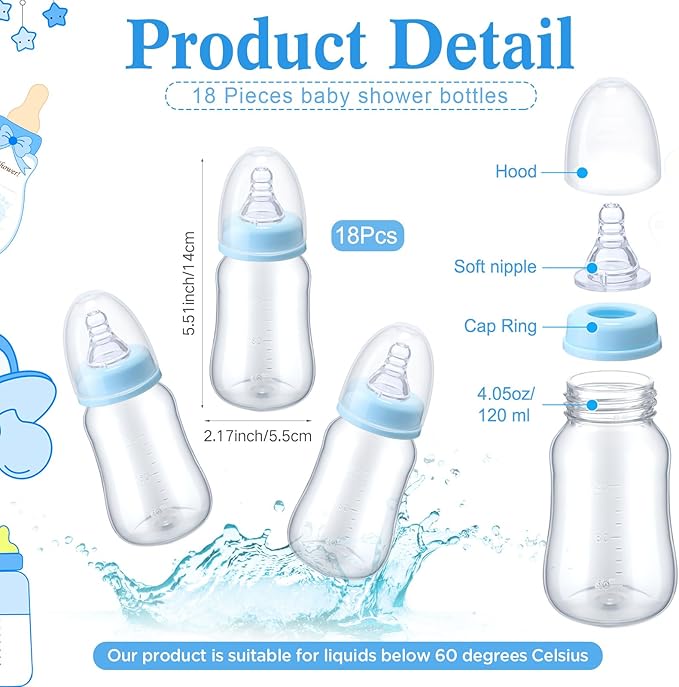 Roowest Bottle Chug Baby Shower Game Sign Wooden Game Table Decor 18 Pcs Baby Bottles 120 ml Mini Milk Bottles Baby Bottles for Baby Shower Game Gender Reveal Party (Blue,Cowboy)