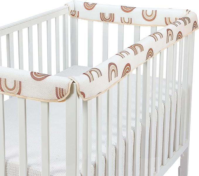 3 in 1 Crib Rail Covers for Teething,Soft Breathable Anti-Collision Crib Teething Rail Cover Edge Protector Strip（2025 New） (Kahki-Rainbow)