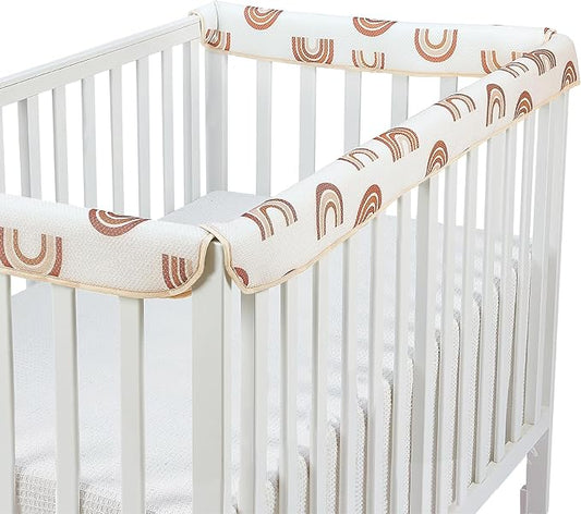 3 in 1 Crib Rail Covers for Teething,Soft Breathable Anti-Collision Crib Teething Rail Cover Edge Protector Strip（2025 New） (Kahki-Rainbow)